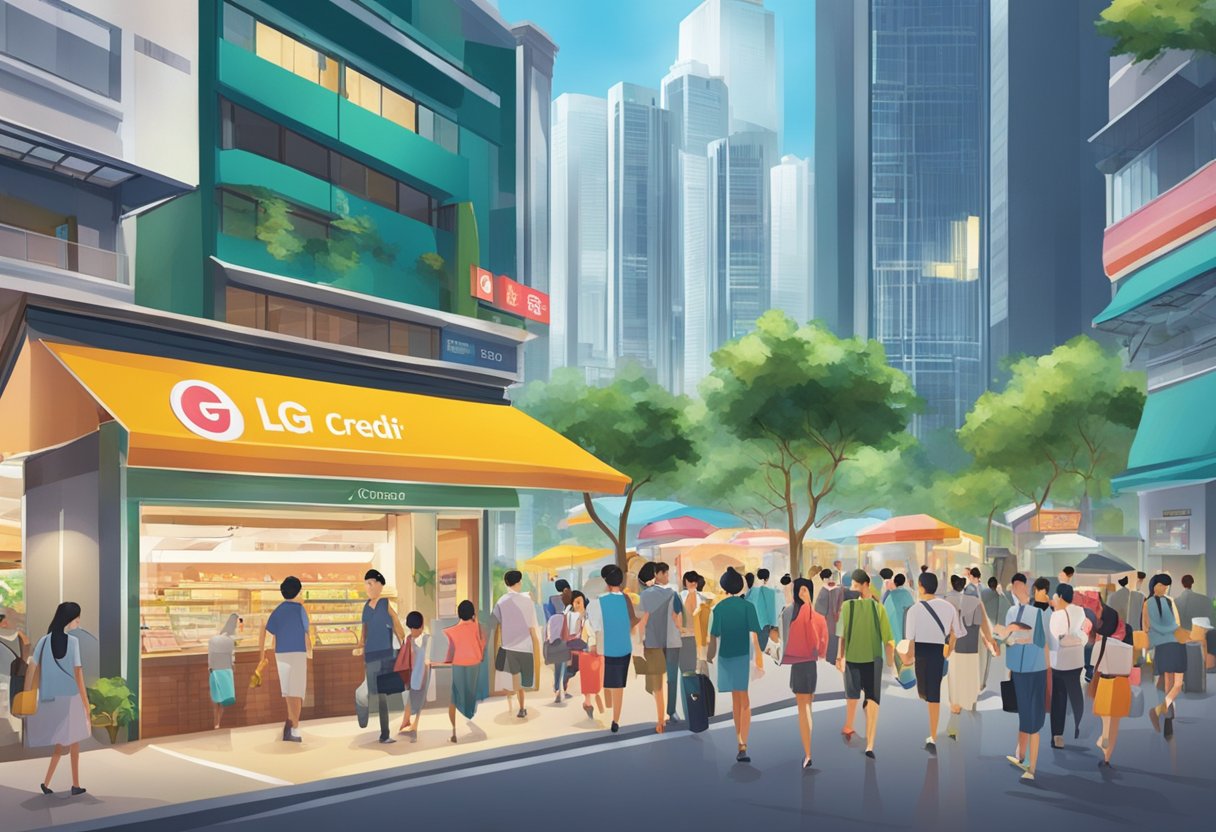 A bustling street in Orchard, Singapore, with a prominent sign for 1st LG Credit, a licensed money lender. People walk by, and the atmosphere is busy and vibrant