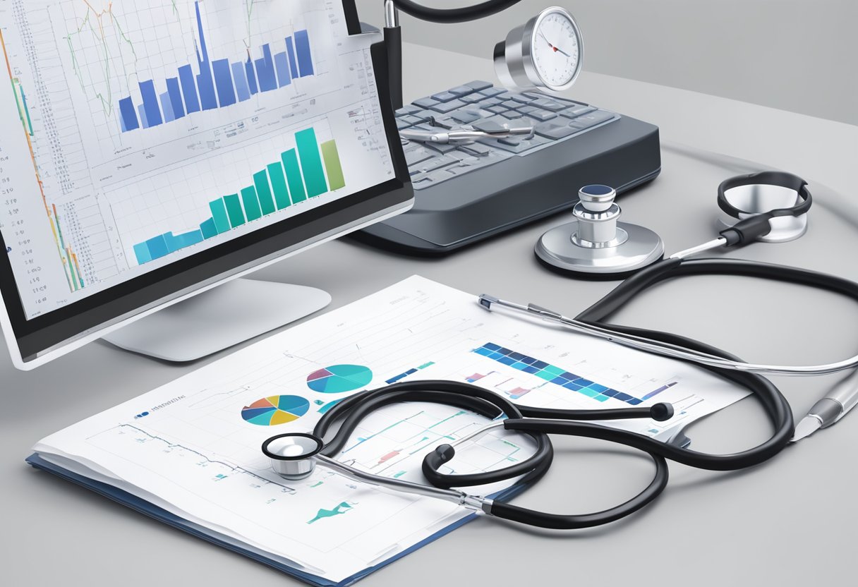 A stethoscope lays on a clean, white table next to a stack of medical charts and a computer displaying a heart monitor