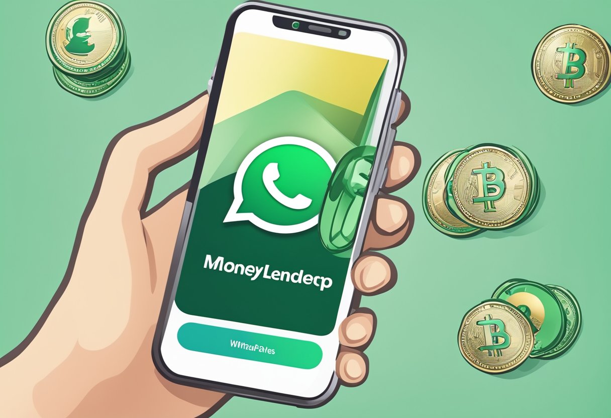 A licensed money lender's logo displayed on a smartphone screen with a WhatsApp chat window open, showcasing their advertising message