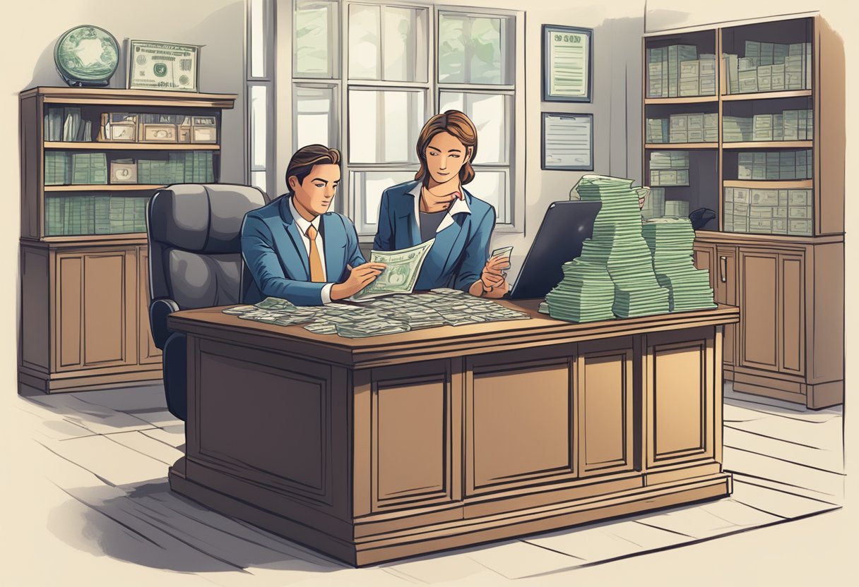 A moneylender sitting at a desk, counting money and reviewing loan documents in a well-lit office with a sign displaying the license number prominently