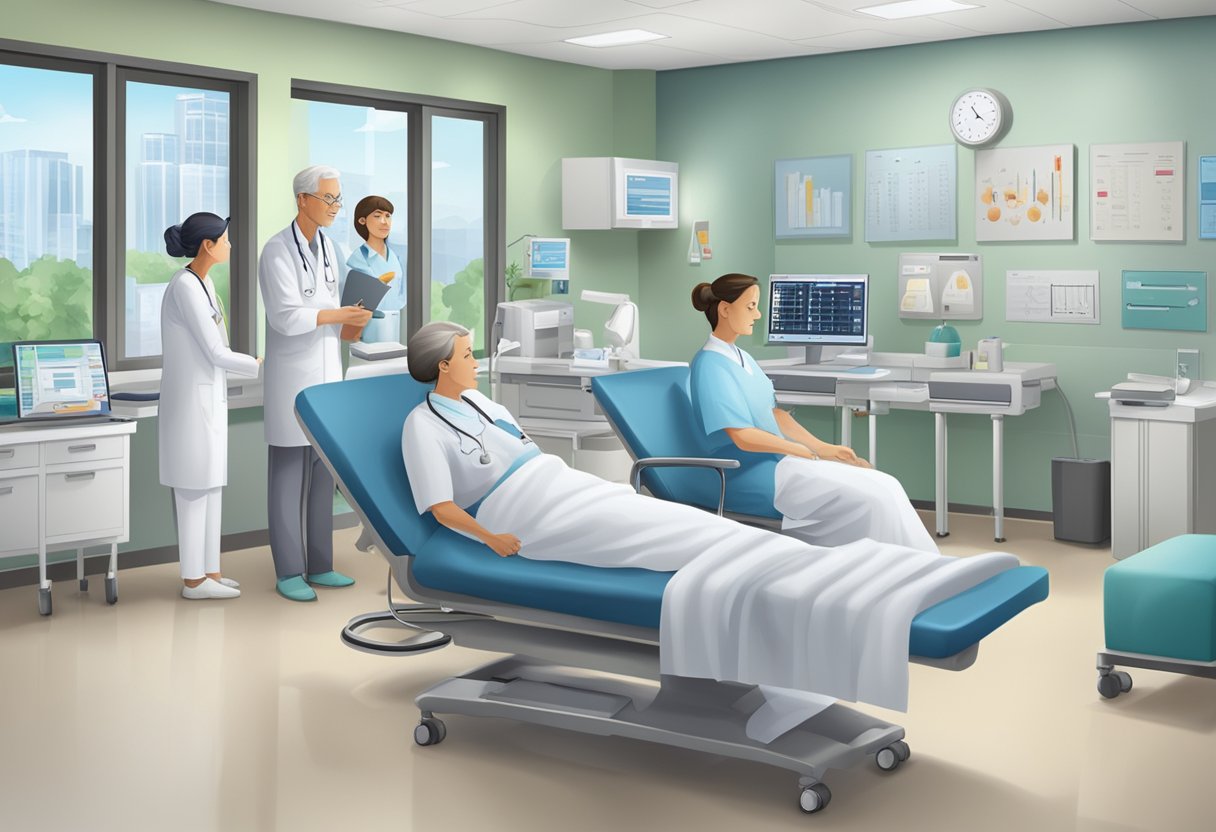 A bustling clinic with medical staff assisting patients, charts and monitors displaying vital signs, and a calming atmosphere for those seeking heart failure management