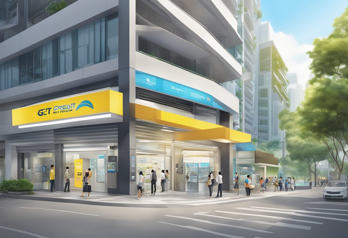 GT Credit at Toa Payoh Central, a licensed money lender, with a prominent signboard, and a steady stream of customers entering and exiting the premises