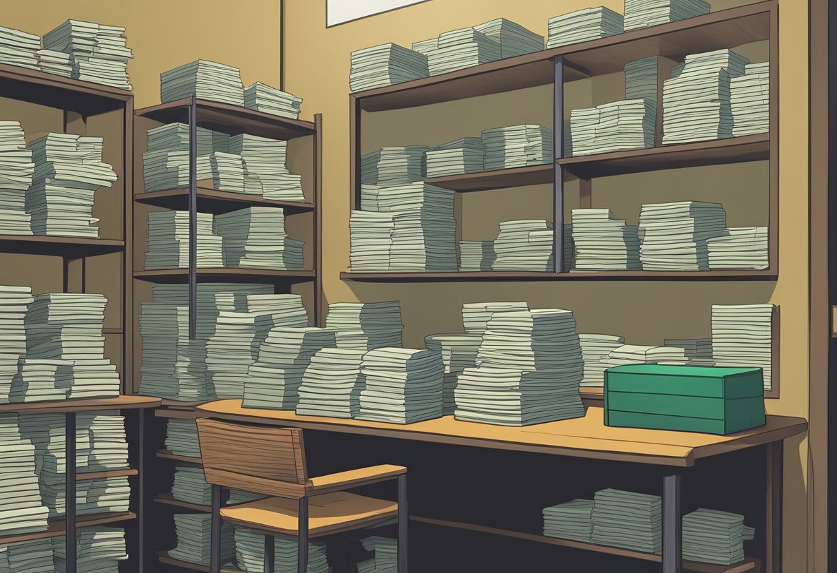 A money lender's office with stacks of cash and loan documents on a desk. A sign on the wall displays interest rates and repayment terms