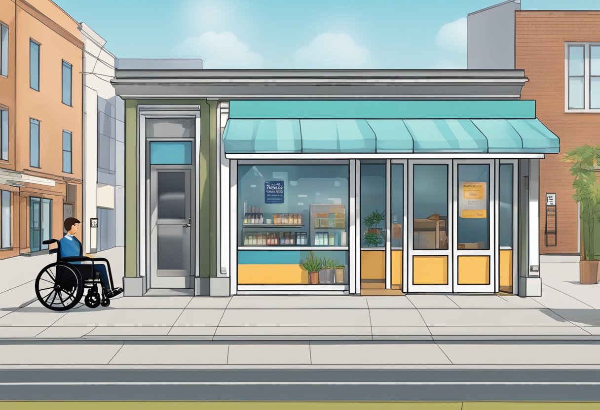 A brightly lit storefront with clear signage and a wheelchair ramp leading to the entrance. Contact information displayed prominently