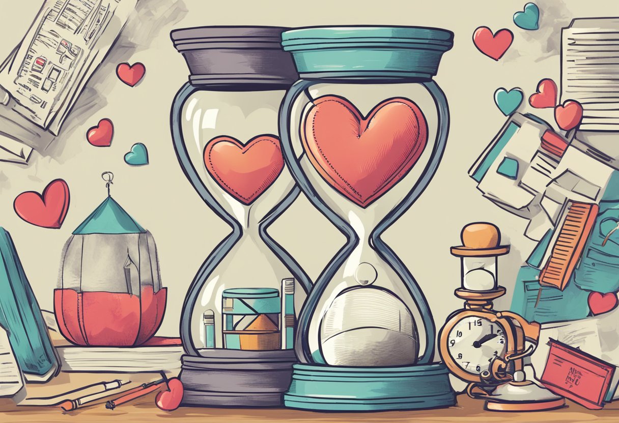 A heart-shaped hourglass with the question "How long can you live with heart disease?" written in bold letters