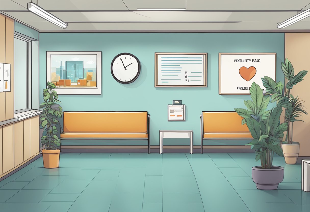 Patients waiting in a modern clinic reception area, with a prominent "Frequently Asked Questions heart failure clinic" sign on the wall