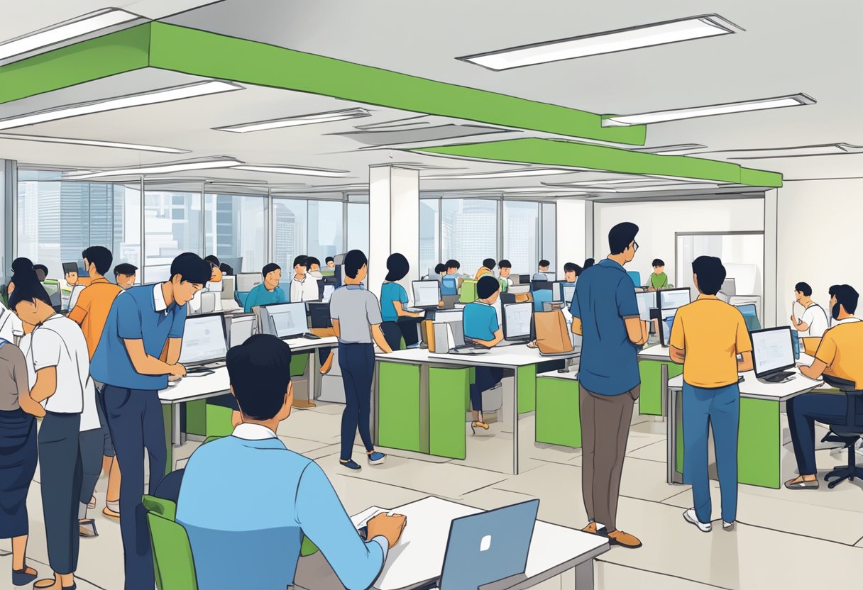 A busy office with people lining up at GT Credit in Toa Payoh Central, with a prominent "Frequently Asked Questions" sign