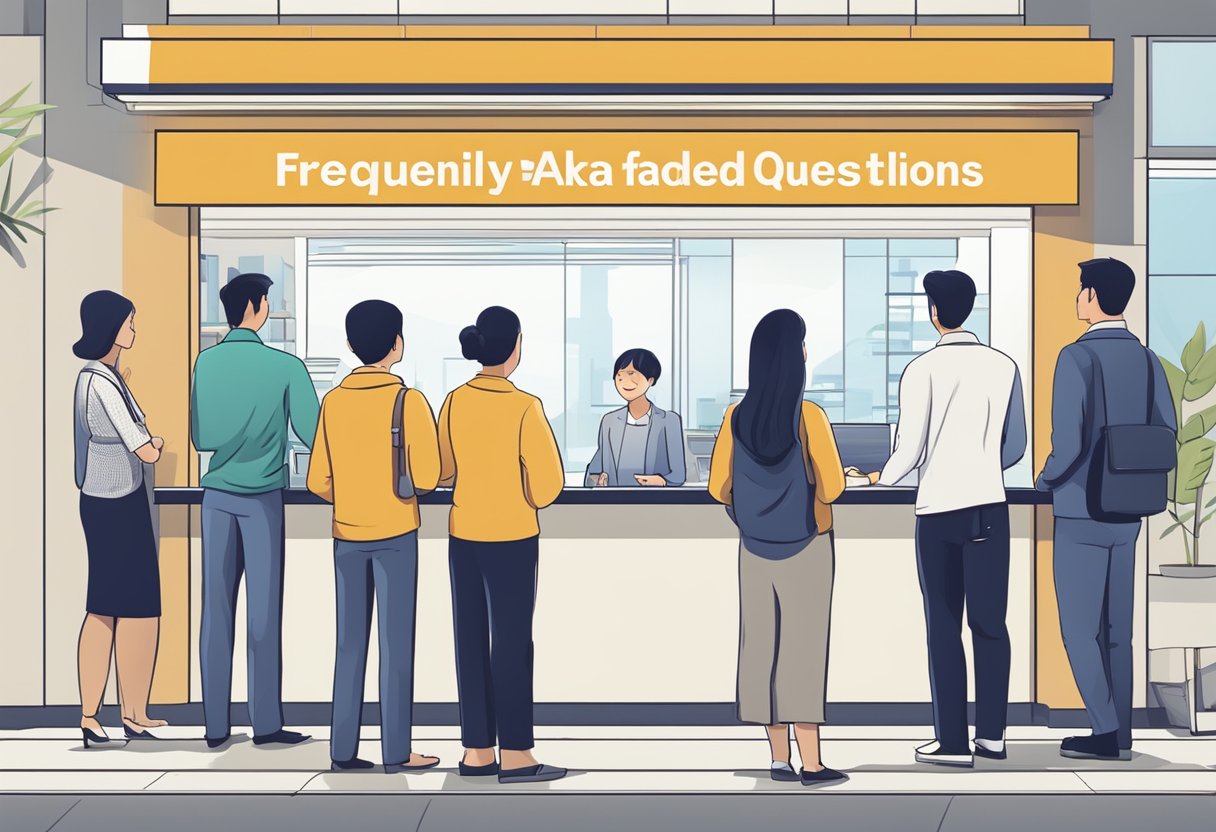 A brightly lit office with a sign reading "Frequently Asked Questions" at a Paya Lebar money lender. Customers waiting in line