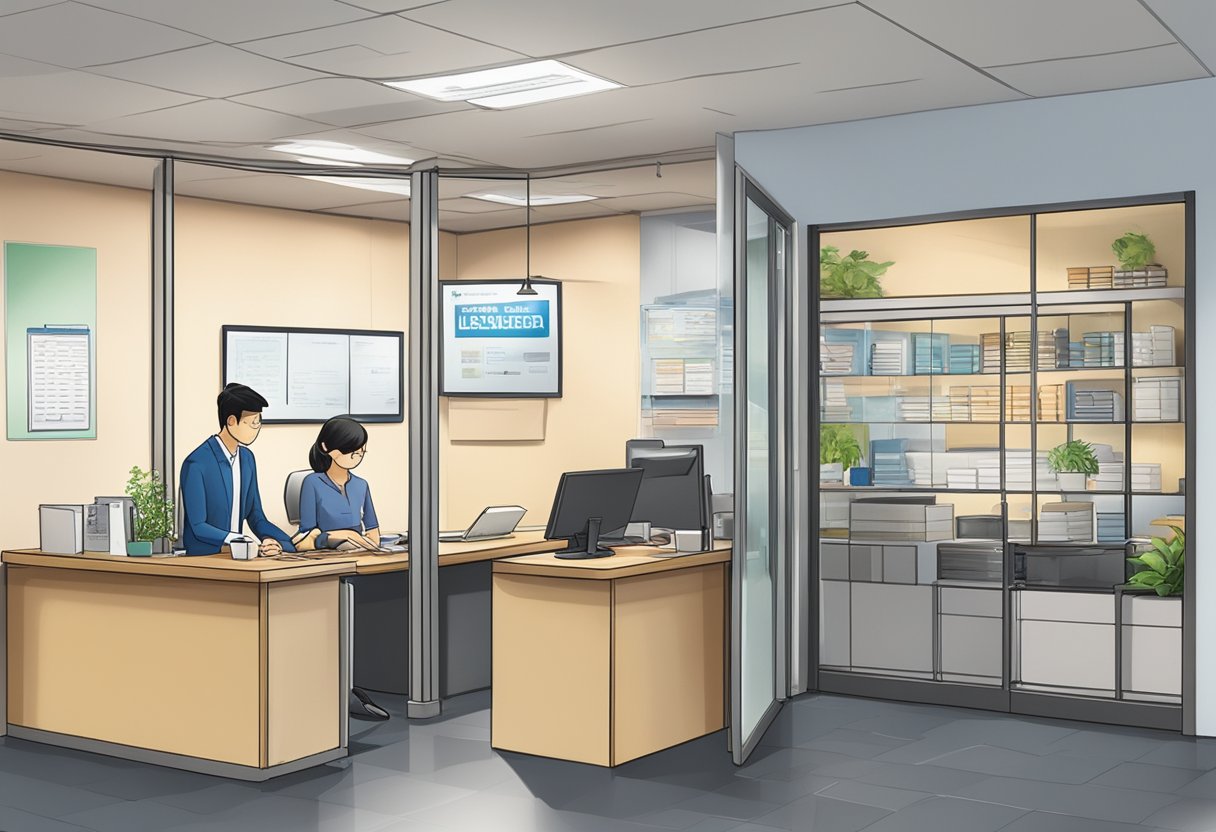 A money lender's office in Singapore, with a sign displaying "Licensed Moneylender" and the logo of the IPTO (Insolvency and Public Trustee's Office). A customer is filling out paperwork at the counter