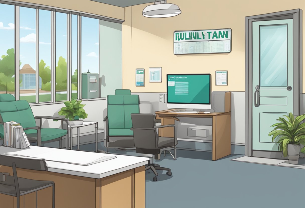 A doctor's office with a desk, computer, and waiting area, with a sign reading "Frequently Asked Questions julian tan cardiologist" prominently displayed