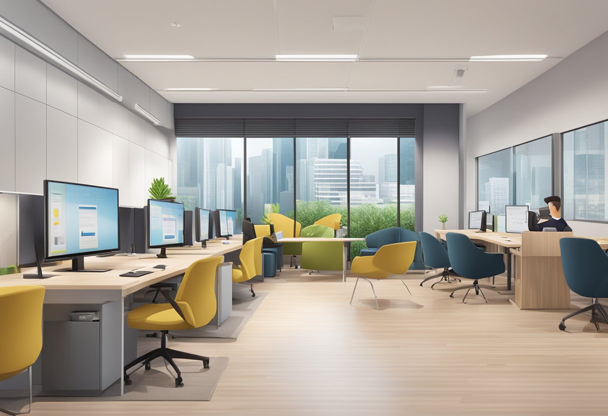 A modern office setting with a professional and friendly atmosphere. A sign displaying "1st LG Credit licensed money lender" in Orchard, Singapore. Comfortable seating and a clean, organized workspace