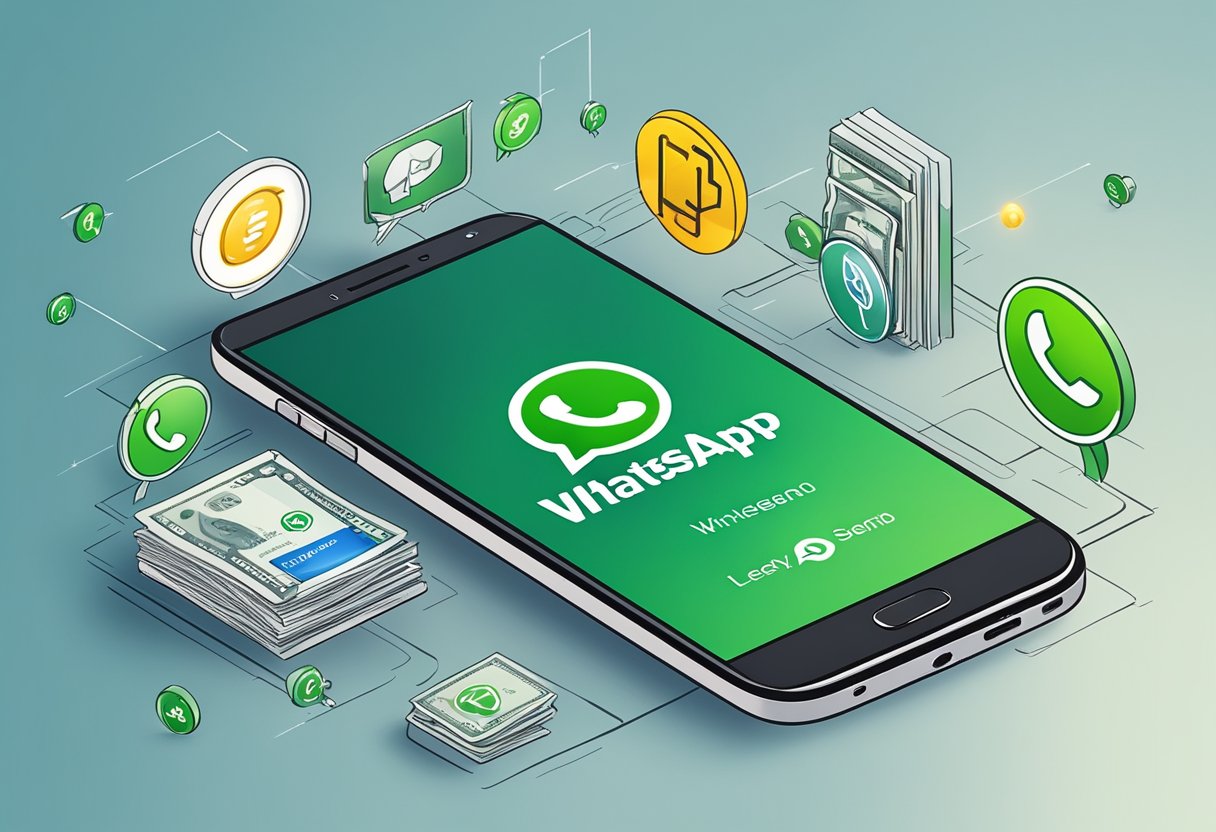 A smartphone displaying a WhatsApp conversation with a licensed money lender advertising their services, surrounded by safety and information symbols