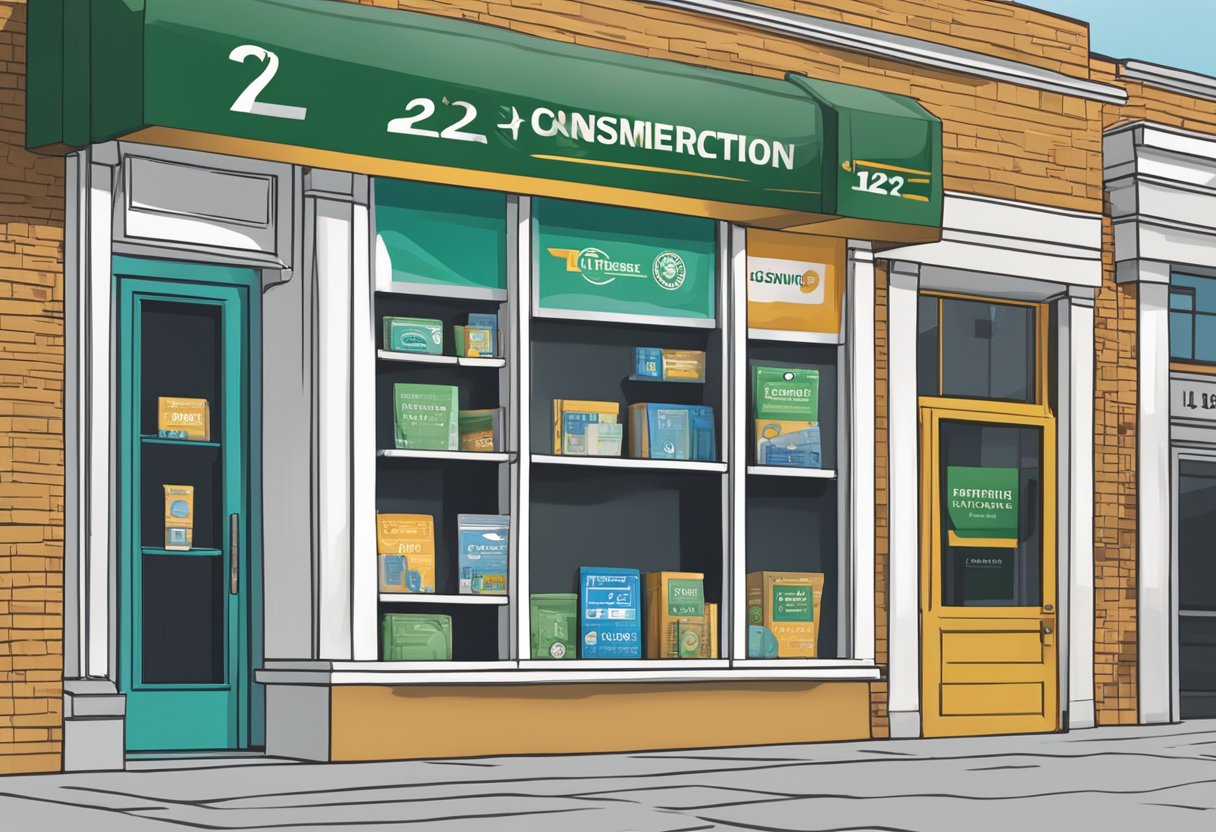A licensed money lender sign hangs above a storefront, with the number "122" and the year "2017" prominently displayed. The words "Consumer Protection and Education" are also visible