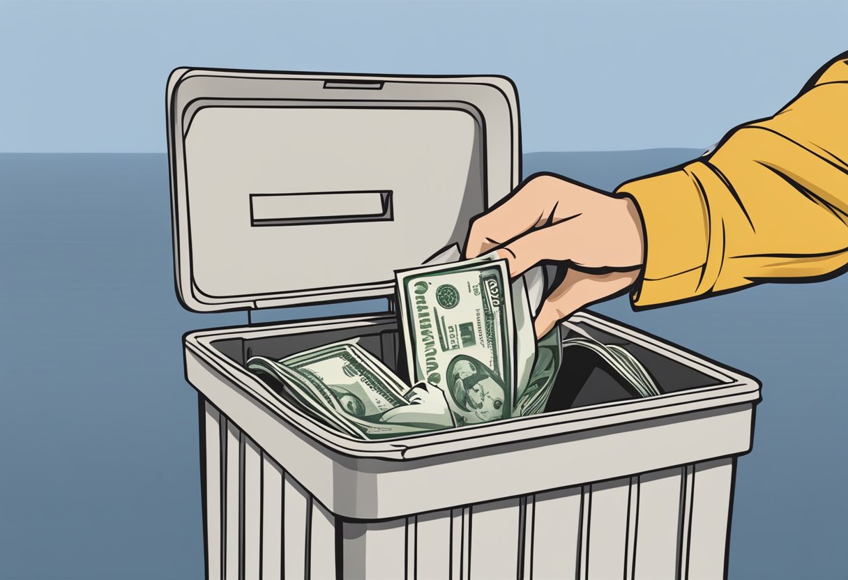 A person discarding a flyer for unlicensed moneylending into a trash bin