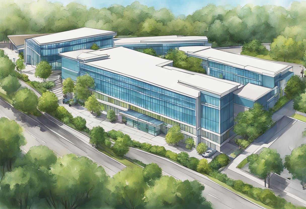 The Mount Alvernia Cardiology Services building stands tall with a prominent sign, surrounded by lush greenery and a clear blue sky
