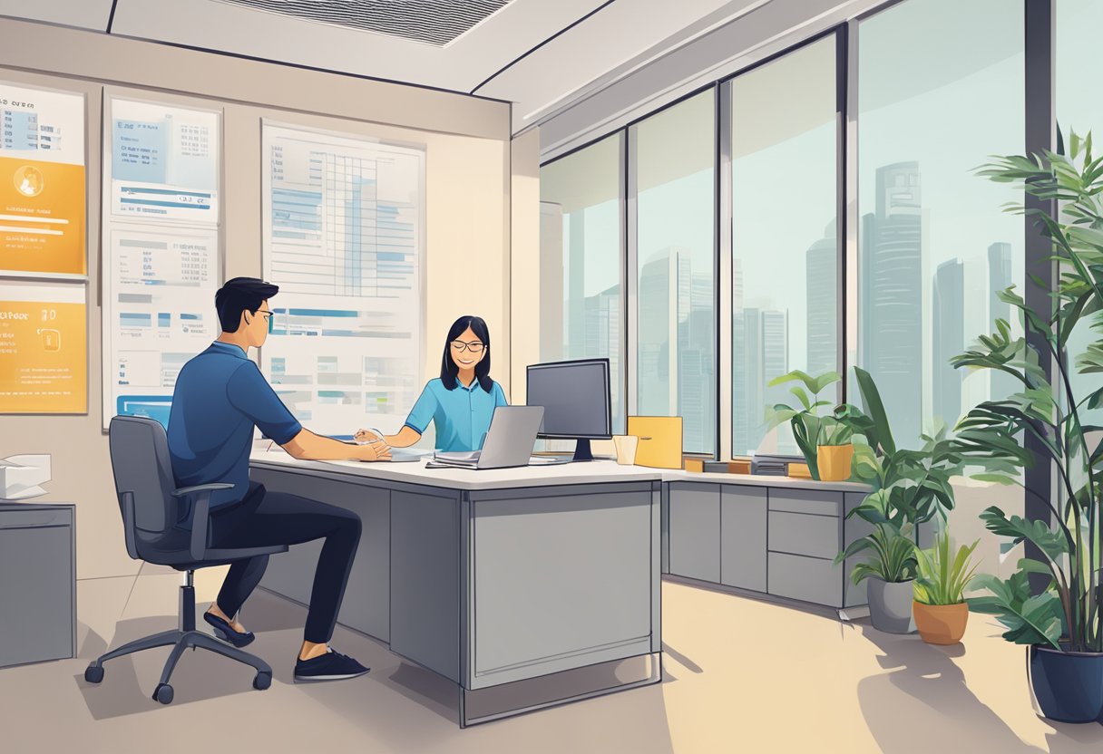 A licensed money lender's office in Singapore, with a sign displaying their rates. A professional sitting behind a desk, assisting a customer