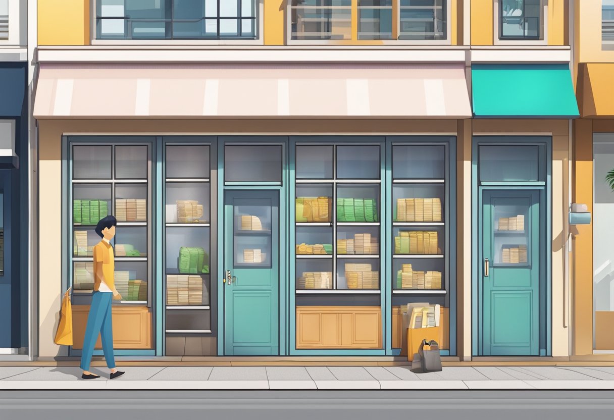 A licensed money lender's storefront in Yishun, with a prominent sign, open door, and customers inside