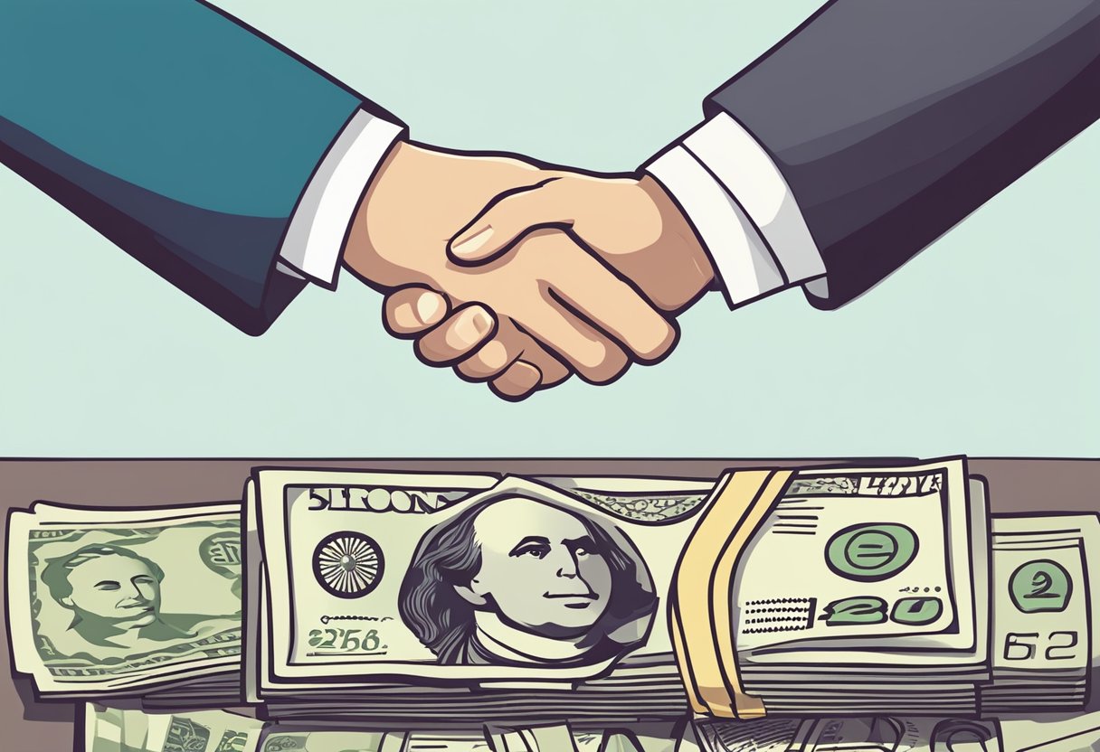 A person hands over money to a lender in exchange for a loan