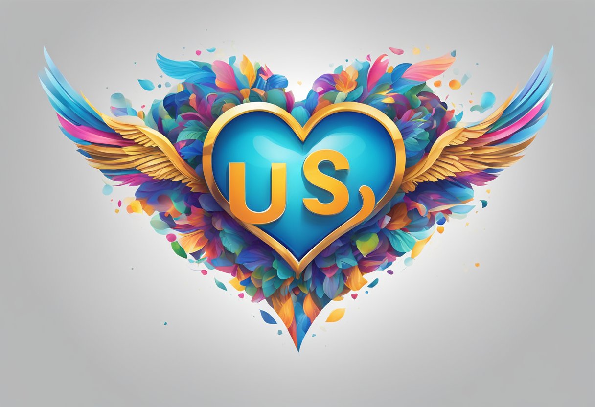 A vibrant heart symbol connects with "Us" text at centre