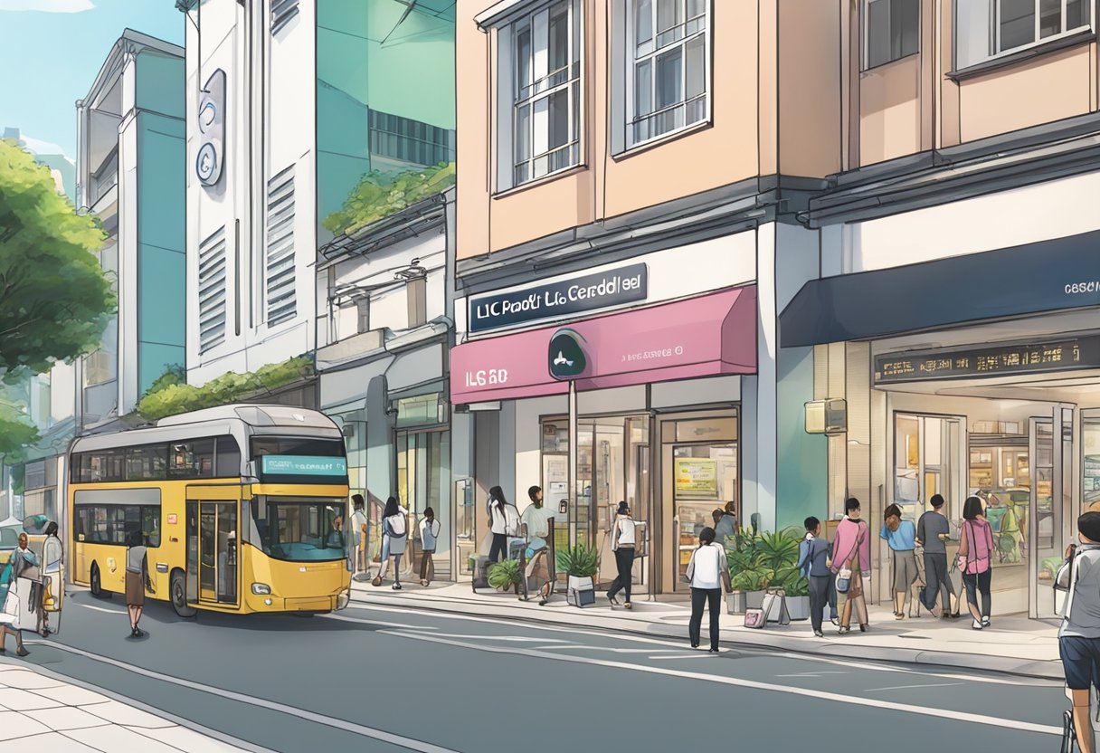A bustling street in Orchard, Singapore, with a prominent sign for a licensed money lender, LG Credit. People pass by, some stopping to read the frequently asked questions displayed on the storefront