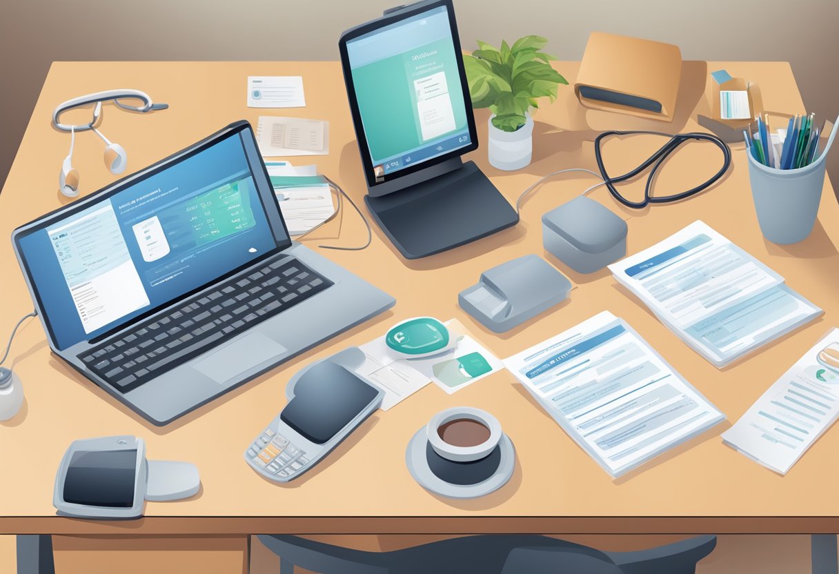A desk with a computer screen displaying patient information and contact details for Mount Alvernia Cardiologist. A phone and paperwork are scattered on the desk