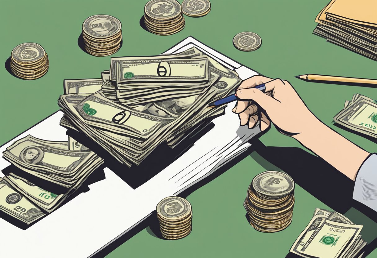 A person counting money while looking at a loan agreement with high interest rates displayed prominently