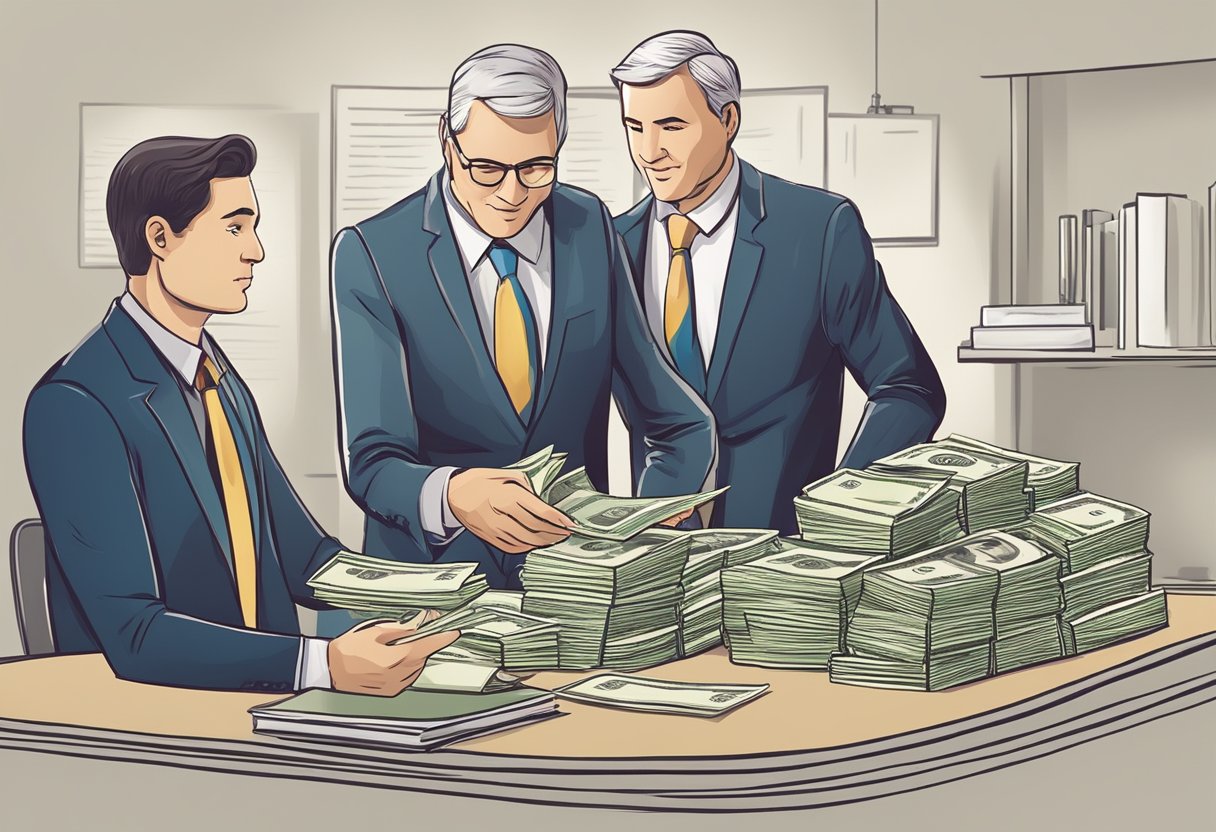 A moneylender hands over cash to a borrower, while explaining the terms of the loan agreement