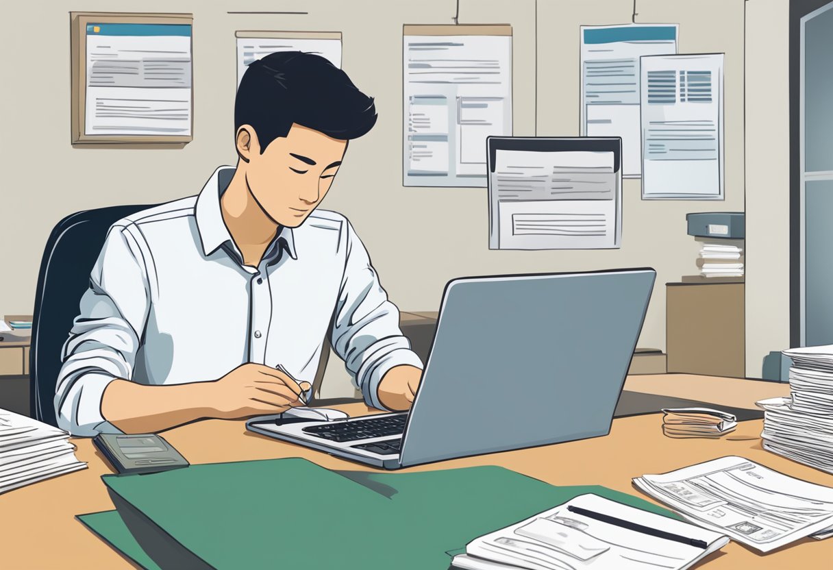 A person sits at a desk, reading a loan application form. A sign on the wall reads "Licensed Money Lender Yishun." The room is tidy and professional, with a computer and paperwork neatly organized