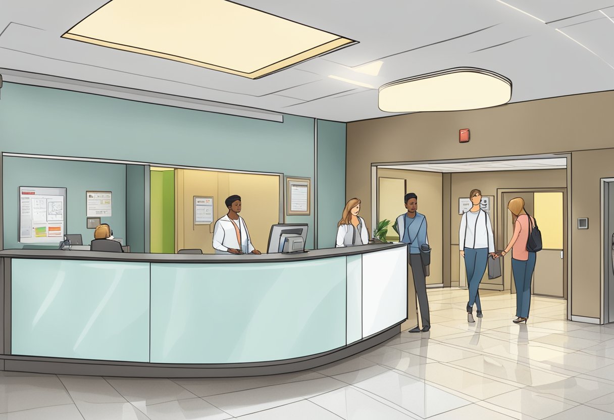 Patients waiting in a bright, modern lobby. A receptionist greets them, while a sign directs to the cardiology department