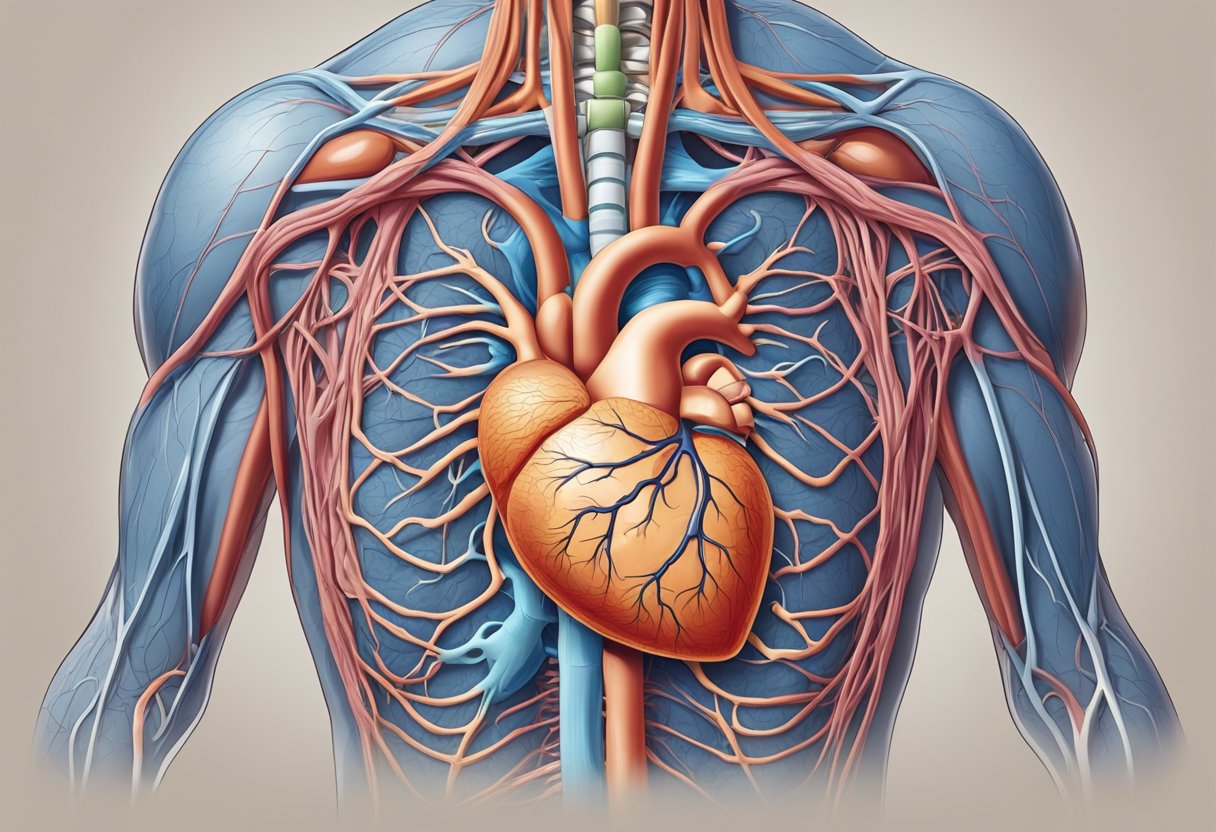 A heart with narrowed veins, causing chest pain and shortness of breath. Sweat beads on the brow, and a grimace of discomfort is evident