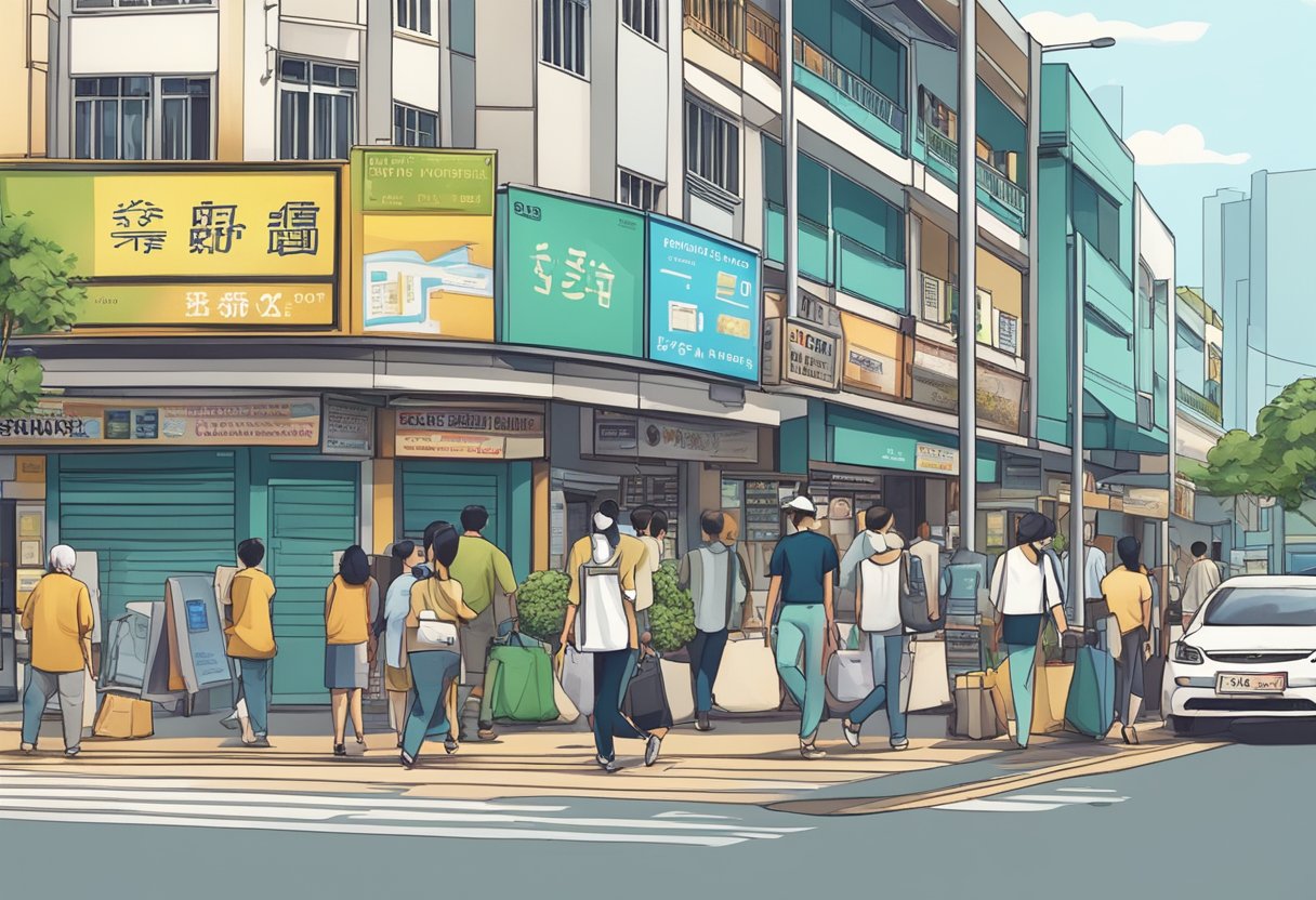 A bustling street corner with a prominent sign reading "Serangoon Central Licensed Money Lender" amidst a row of shops and passing pedestrians