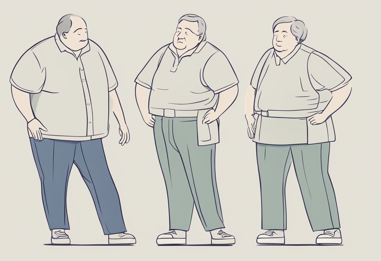 Left: shortness of breath, fatigue. Right: swelling in legs, abdomen. Choose a middle-aged person to illustrate