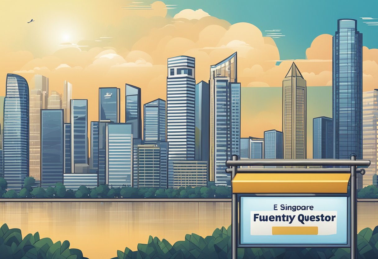 A signboard with "Frequently Asked Questions" and the logo of a Singapore money lender, set against a backdrop of the city skyline