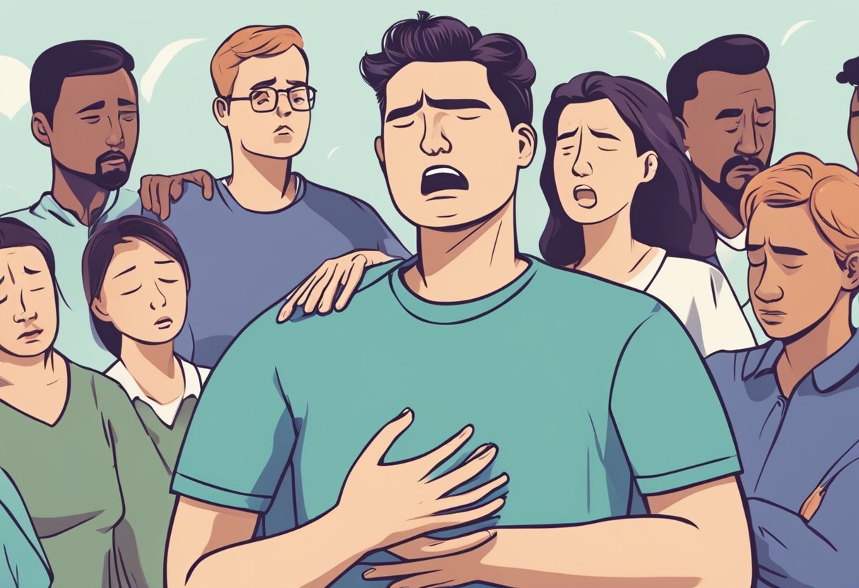A person clutching their chest in pain, with a distressed expression, while others around them look concerned and offer assistance