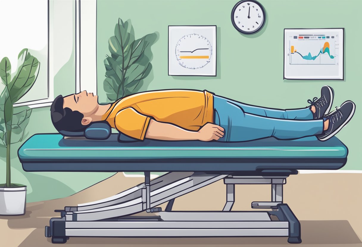 A person lying on a chiropractic table, with a heart rate monitor showing an increase in heart rate after a chiropractic adjustment