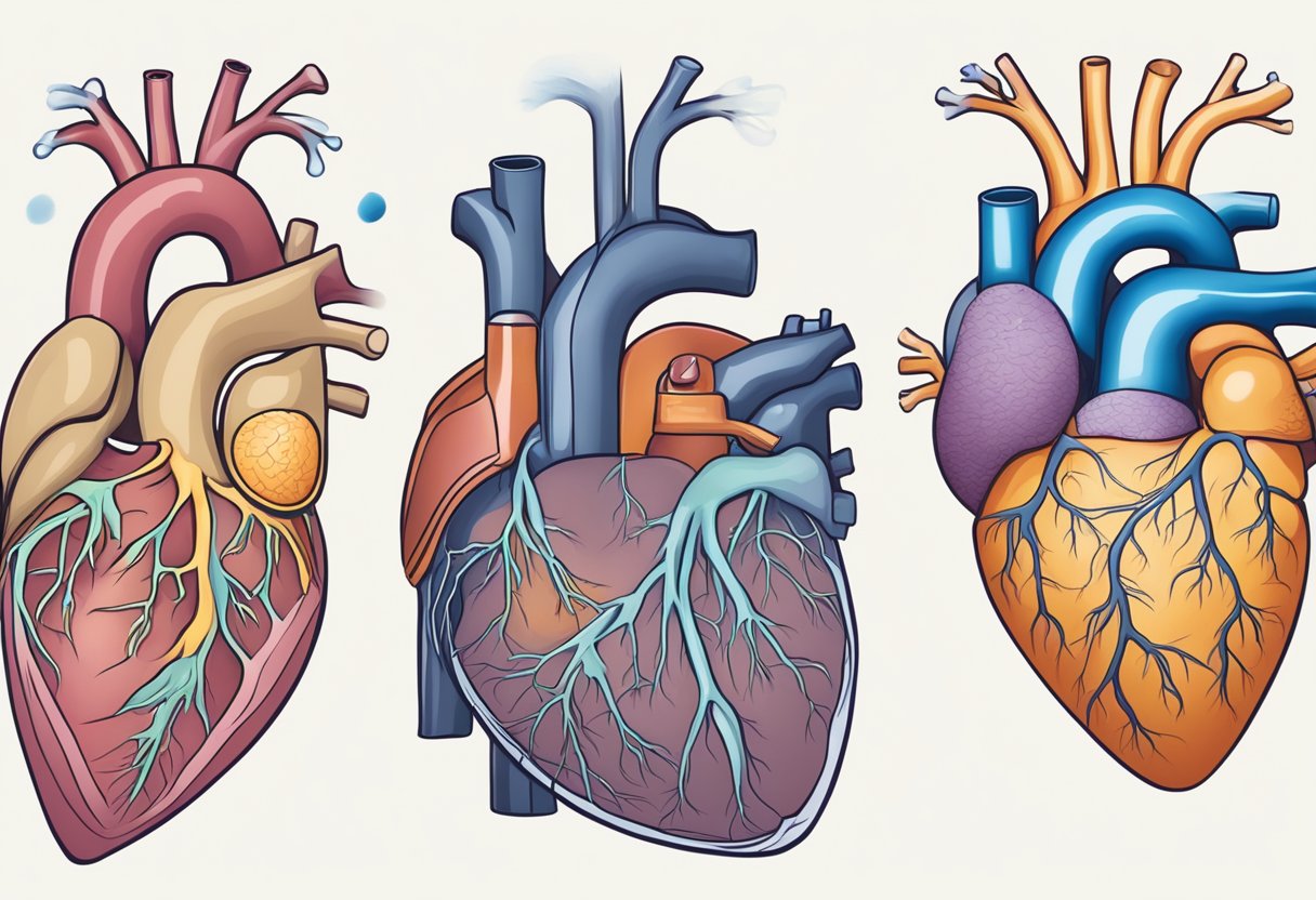A heart with left and right sides showing different symptoms: fluid buildup, shortness of breath, fatigue, and swollen ankles for right-sided failure