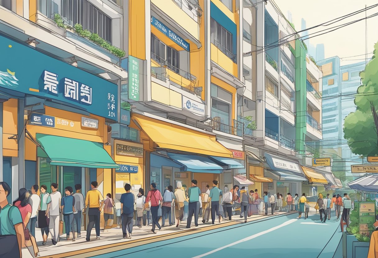 A bustling street in Serangoon Central, with a prominent sign for a licensed money lender. People enter and exit the office, indicating a steady flow of customers. The area is vibrant and filled with various businesses