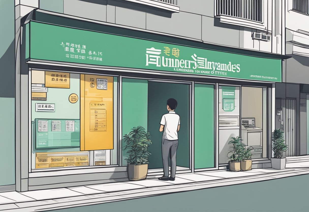 A person standing in front of a licensed moneylender's office in Yishun, carefully reading the signage and comparing it to a list of licensed moneylenders