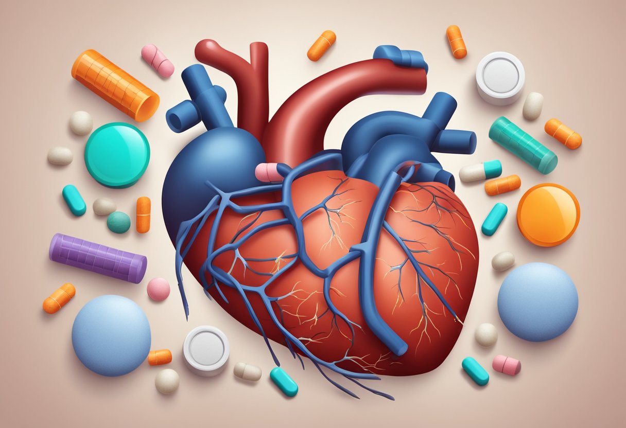 A heart with veins partially blocked, surrounded by pills and exercise equipment