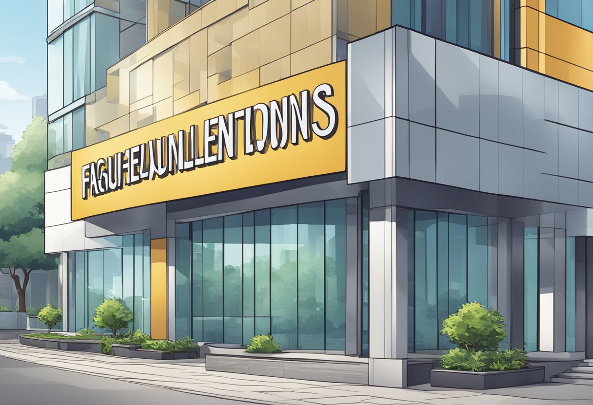 A signboard outside a modern office building with the words "Frequently Asked Questions licensed money lender yishun" in bold, professional lettering