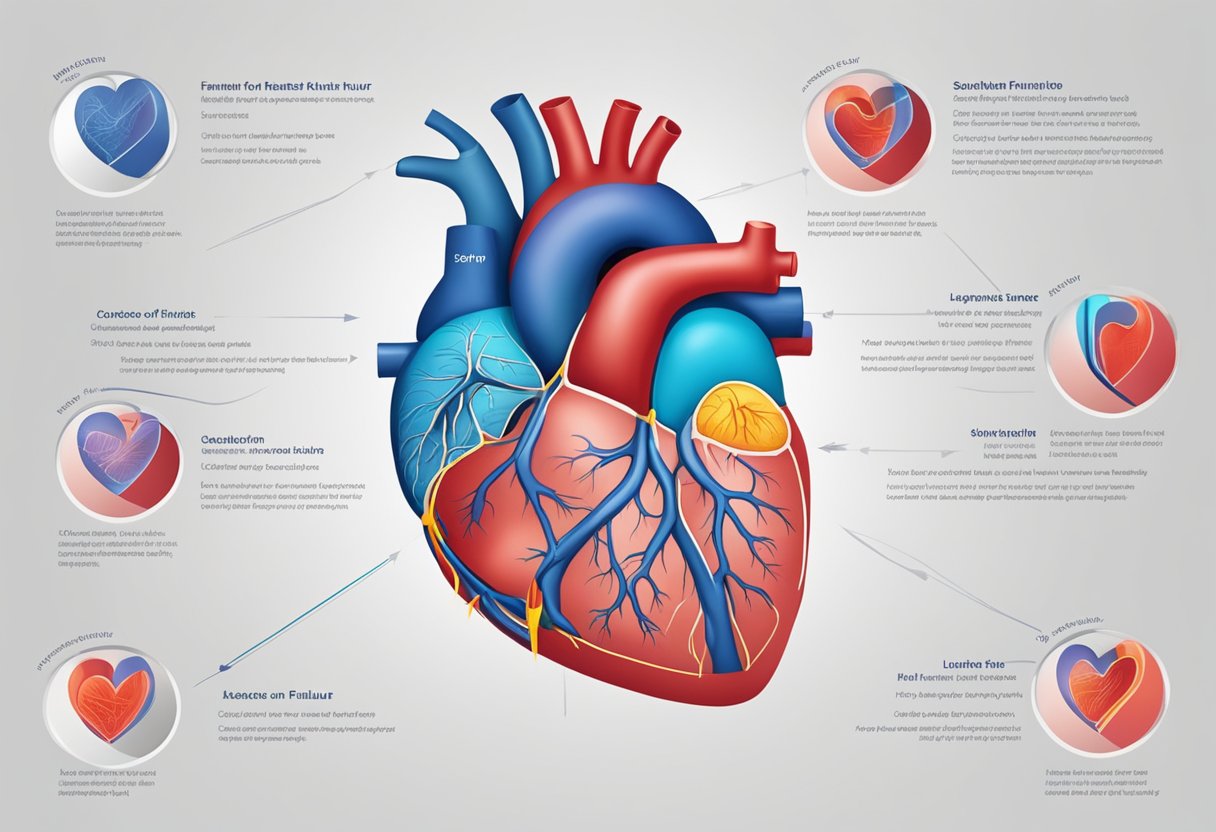 A heart diagram with left and right sides highlighted, showing symptoms of heart failure on each side