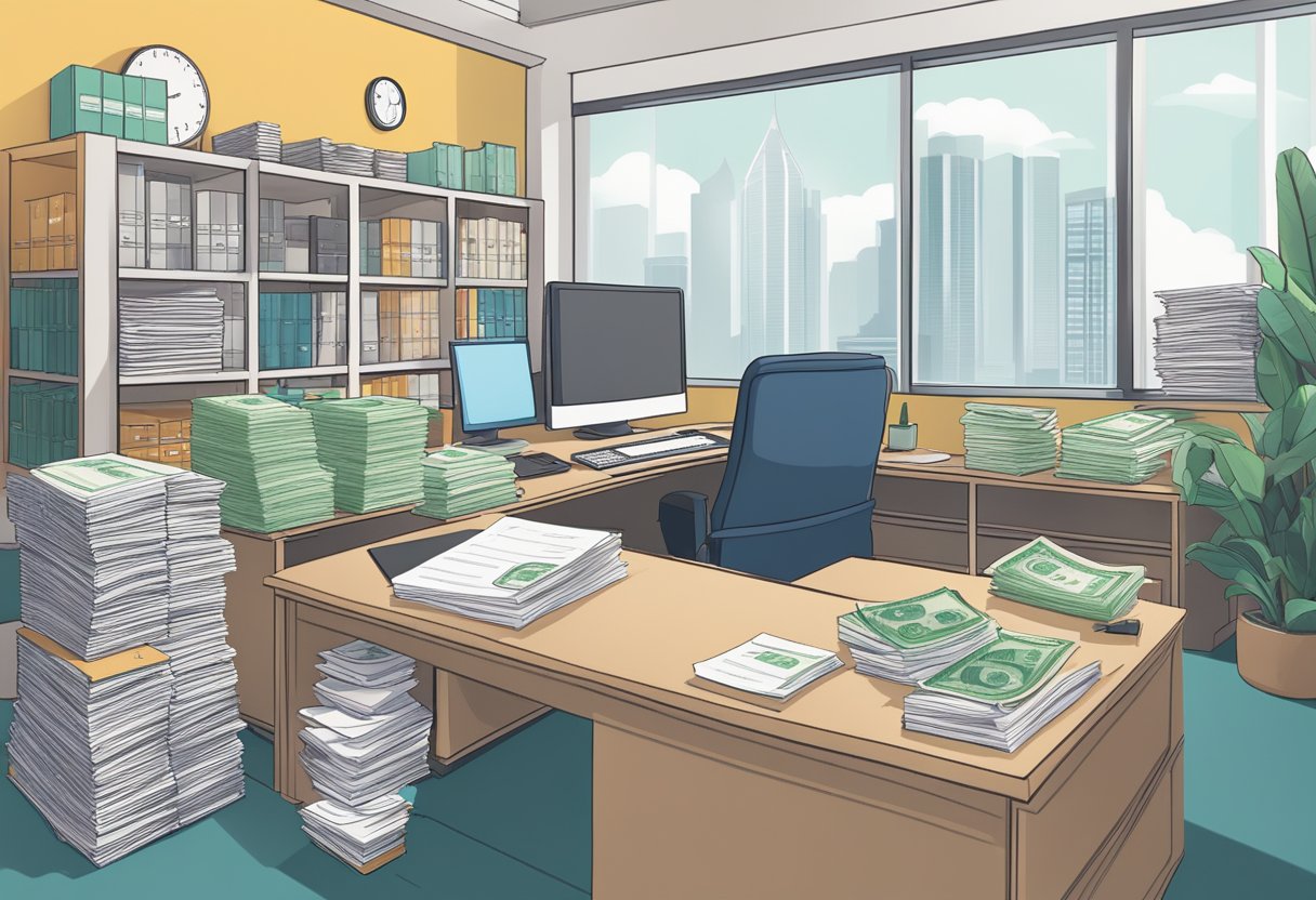 A cozy office with a licensed money lender providing financial guidance in Serangoon Central. A desk with a computer, stacks of papers, and a sign displaying tips for managing money