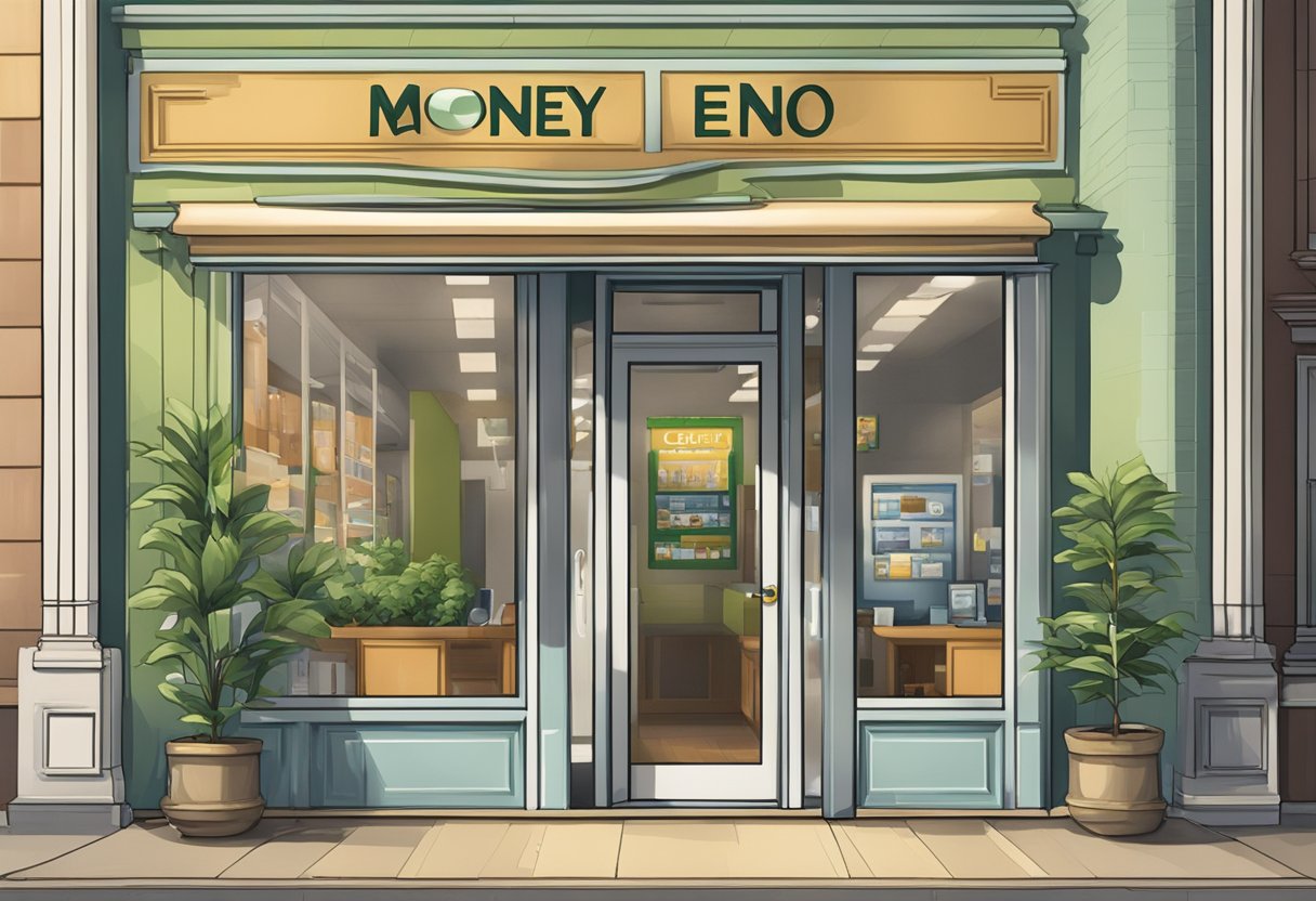 A sign reading "Licensed Money Lender Eno" hangs above a storefront with a glass door and a small waiting area inside