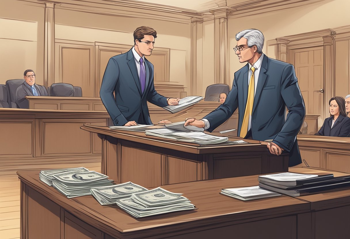 A licensed money lender is filing legal actions in a courtroom. The lender is presenting evidence and making arguments to support their case