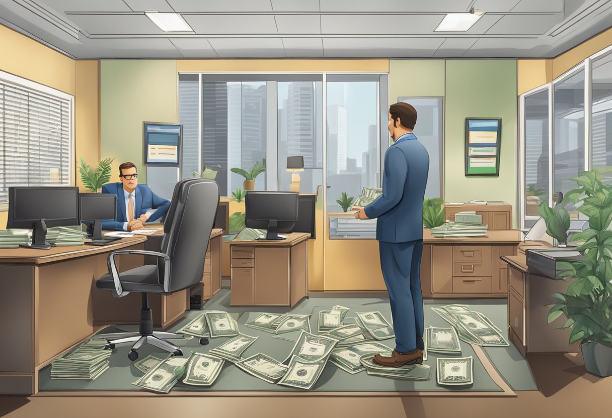 A licensed money lender's office with a sign, desk, and customer receiving money