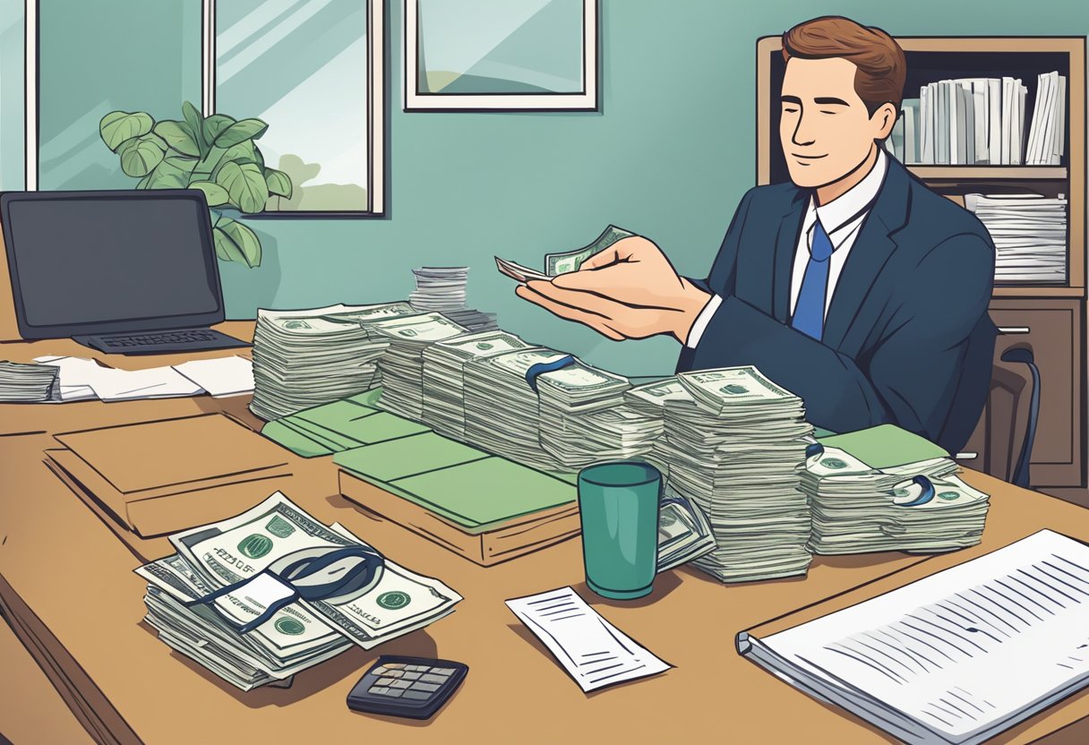 A person receiving a loan from a money lender, with a stack of cash and signed paperwork on a desk