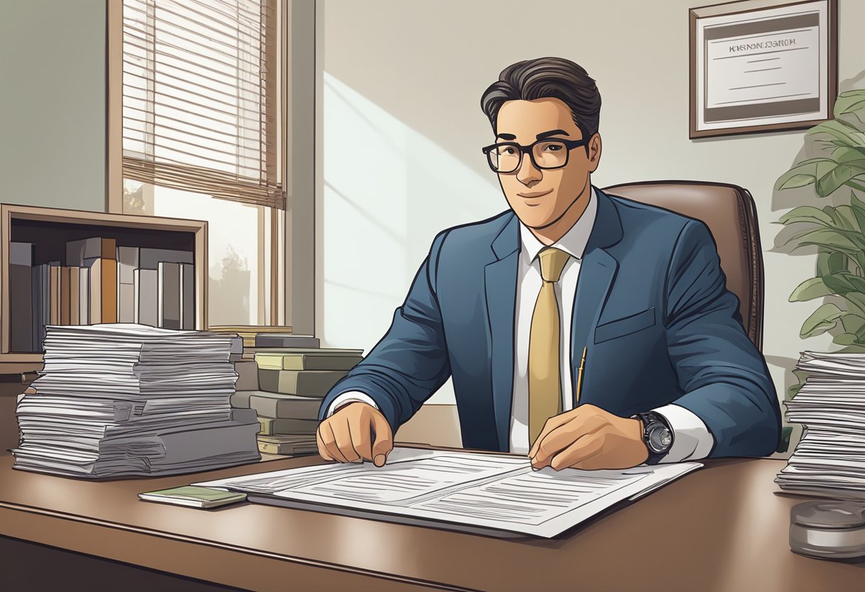 A licensed moneylender sits behind a desk, displaying legal documents and a framed license. A sign on the wall outlines legal actions for non-compliance