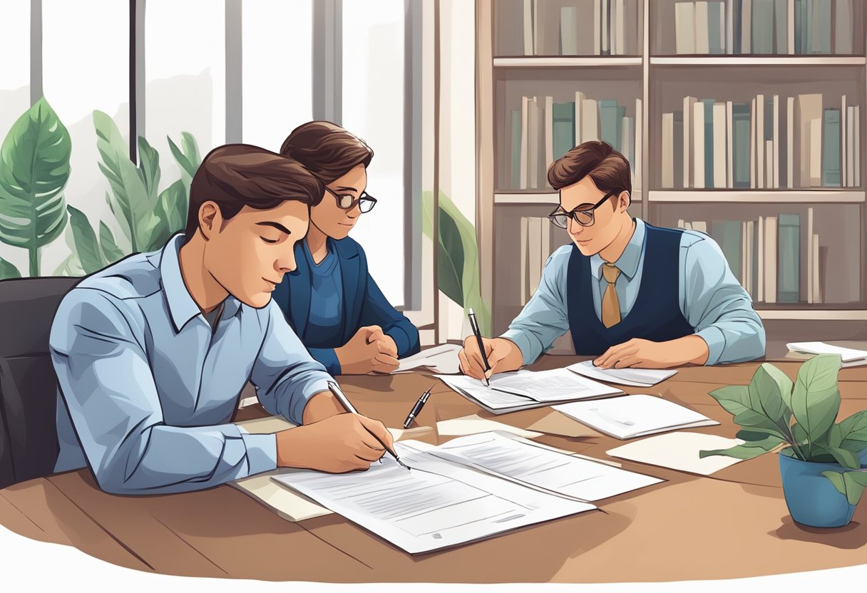 Borrowers signing loan agreements with a licensed money lender, receiving rights and responsibilities documentation