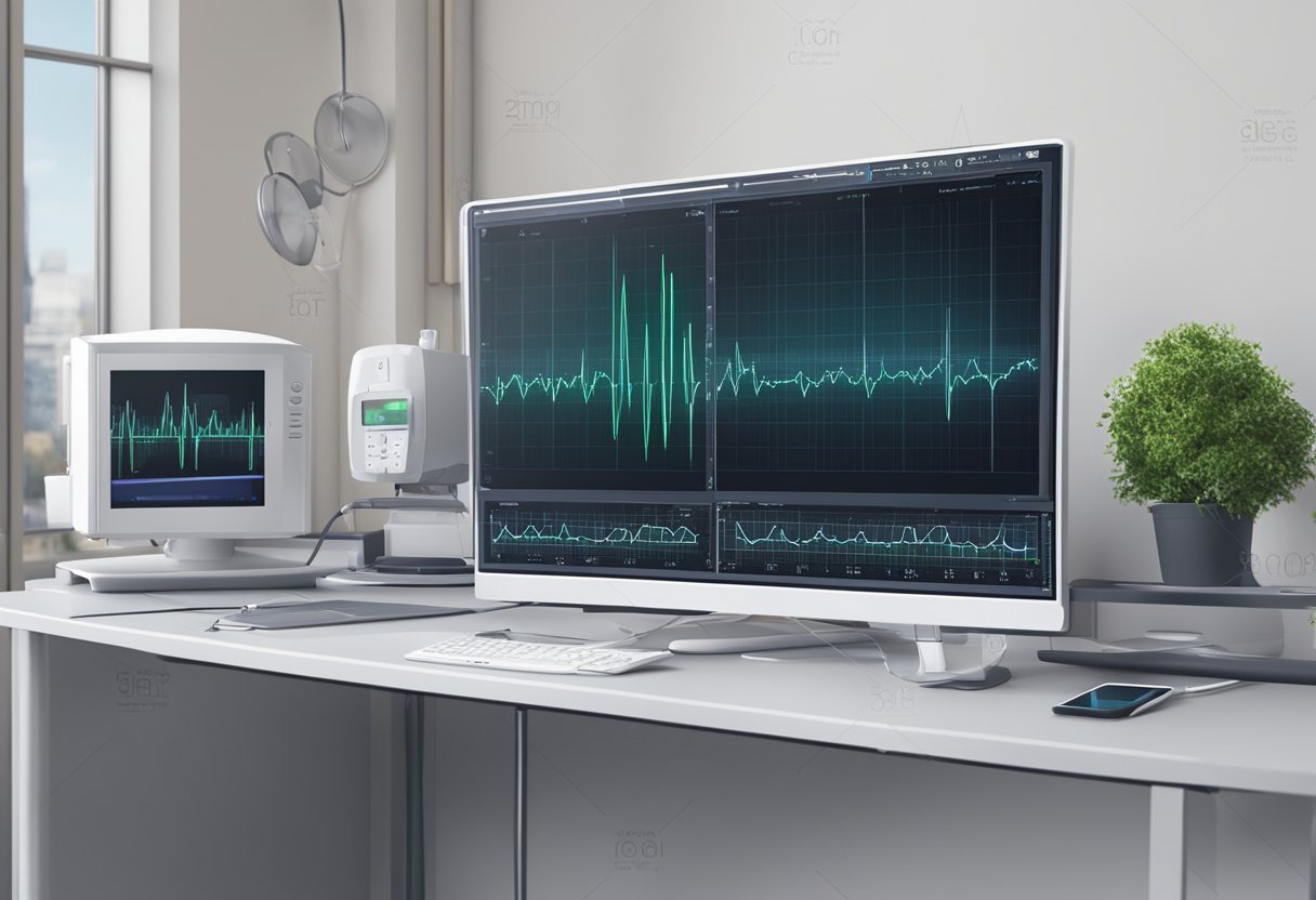 A computer screen displaying an ECG graph with a heart rate measurement, surrounded by medical equipment and charts