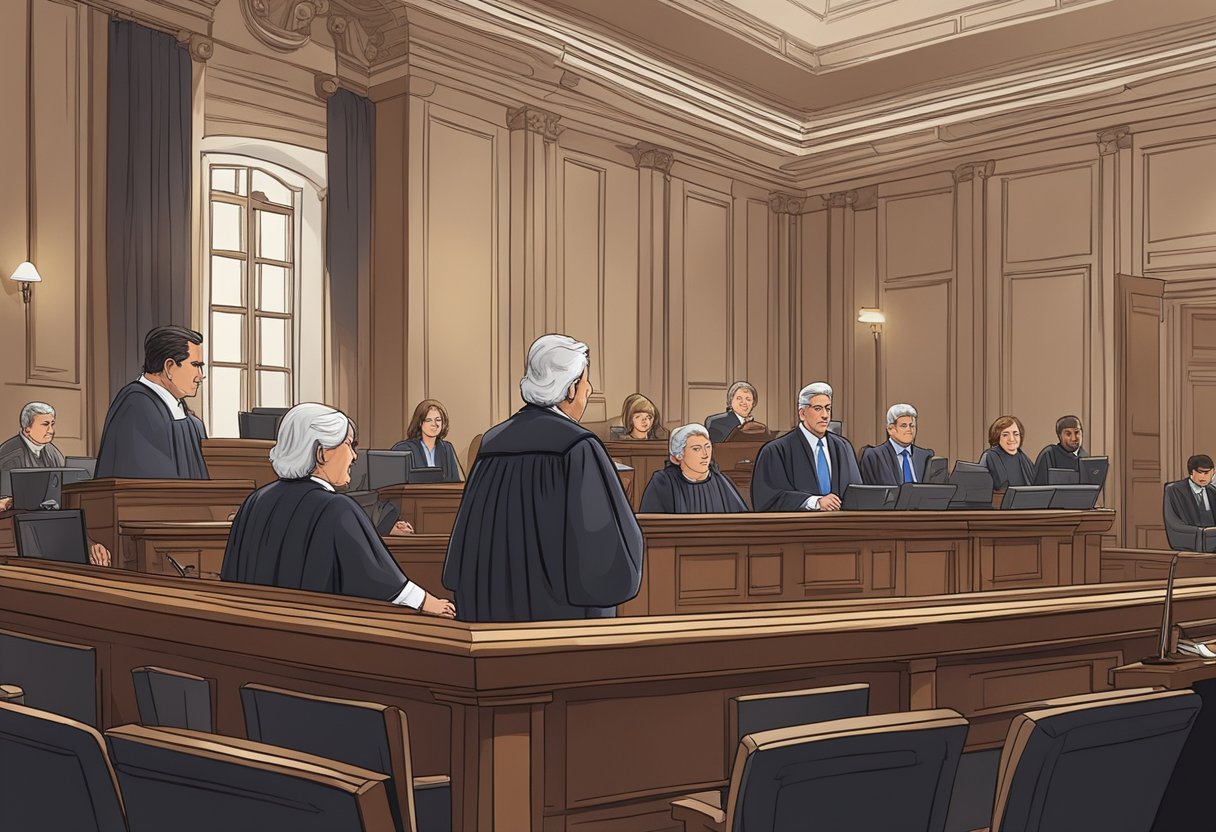 A courtroom with a judge presiding over a case involving illicit lending practices, with lawyers presenting evidence and clients seeking justice